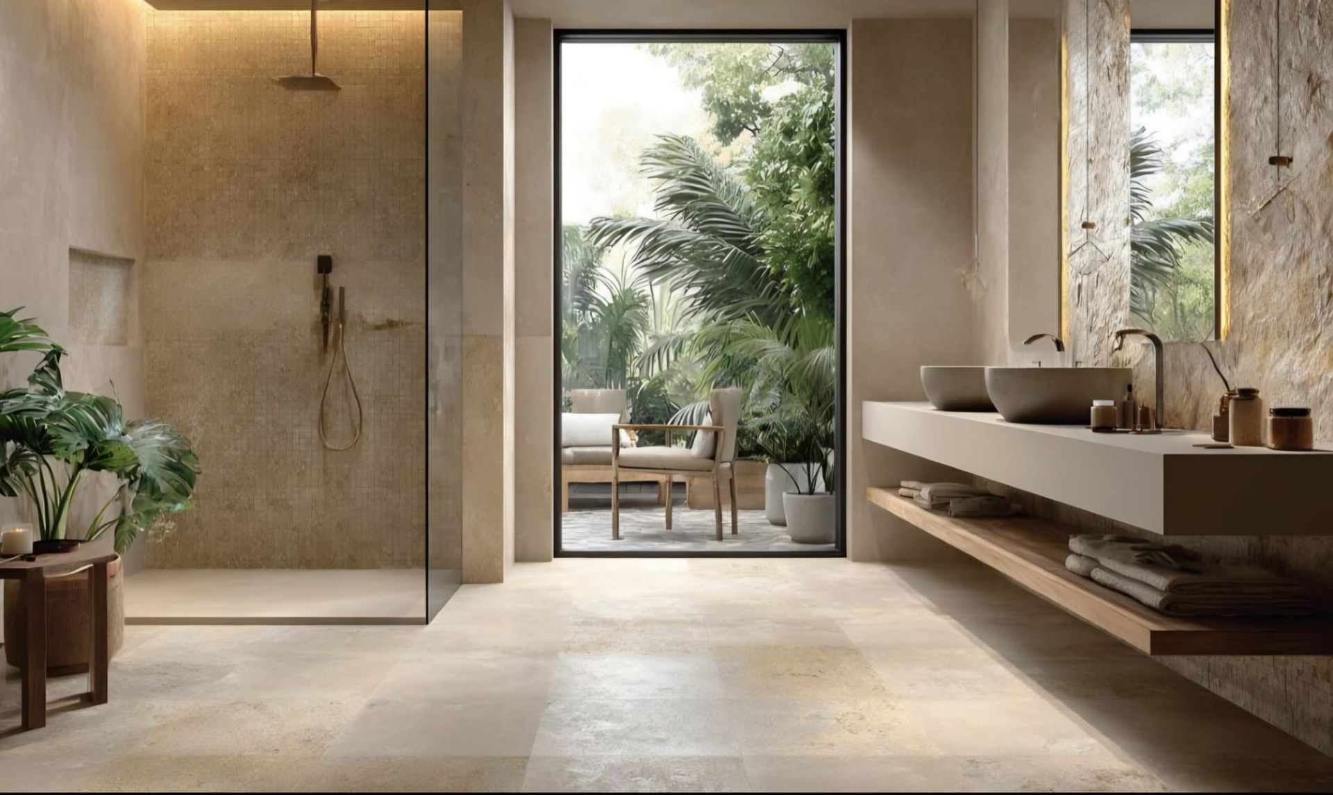 Vasca da bagno freestanding moderna in un cortile esterno minimalista, con rubinetto a pavimento nero
