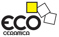 Logo di Eco Ceramica con scritta nera, un quadrato giallo e due quadrati bianchi inclinati con contorni neri