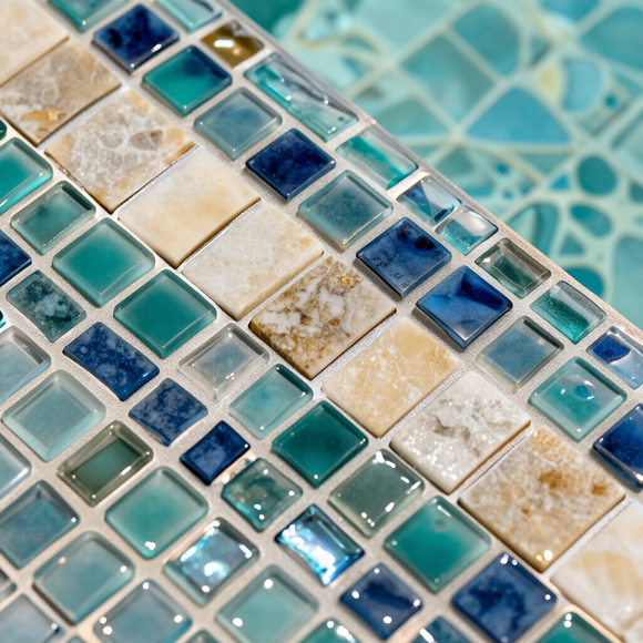 Piscina coperta con acqua azzurra, gradini per la vasca idromassaggio e pareti e colonne piastrellate