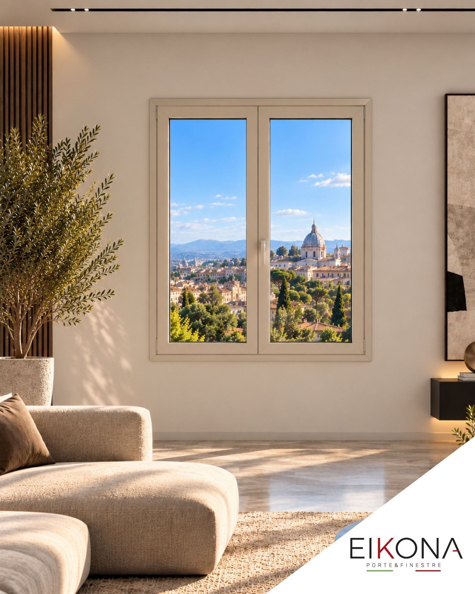Soggiorno moderno con vista dalla finestra su una città soleggiata e le montagne.