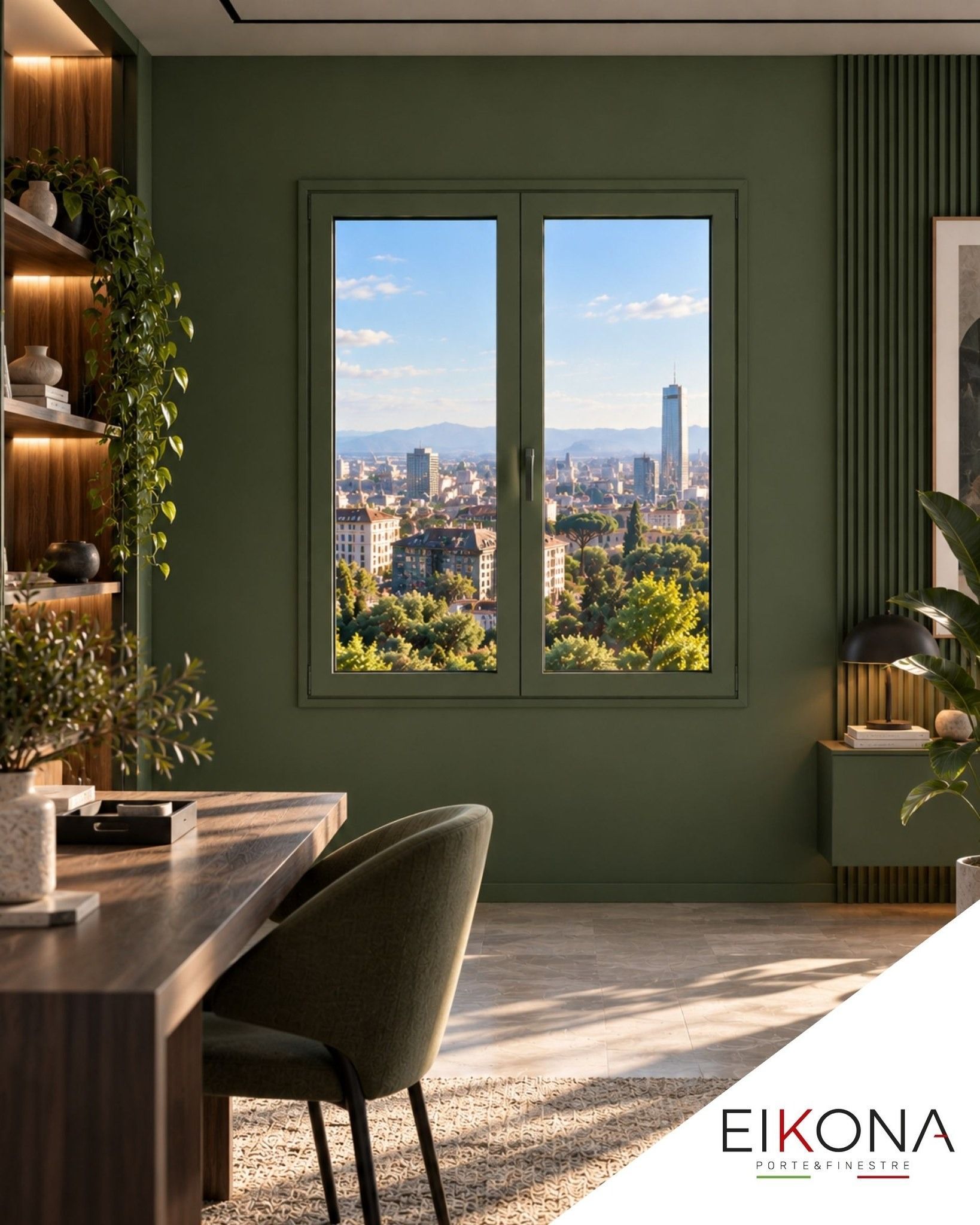 Studio domestico verde con scrivania e sedia, affacciato sullo skyline della città attraverso un’ampia finestra