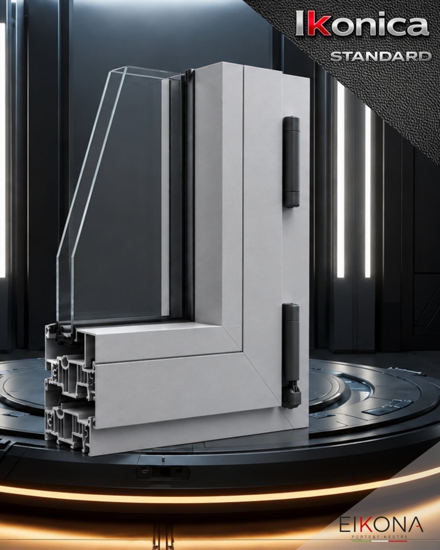 Sezione trasversale di un profilo per finestre in alluminio argentato, esposta in un elegante showroom dal design nero