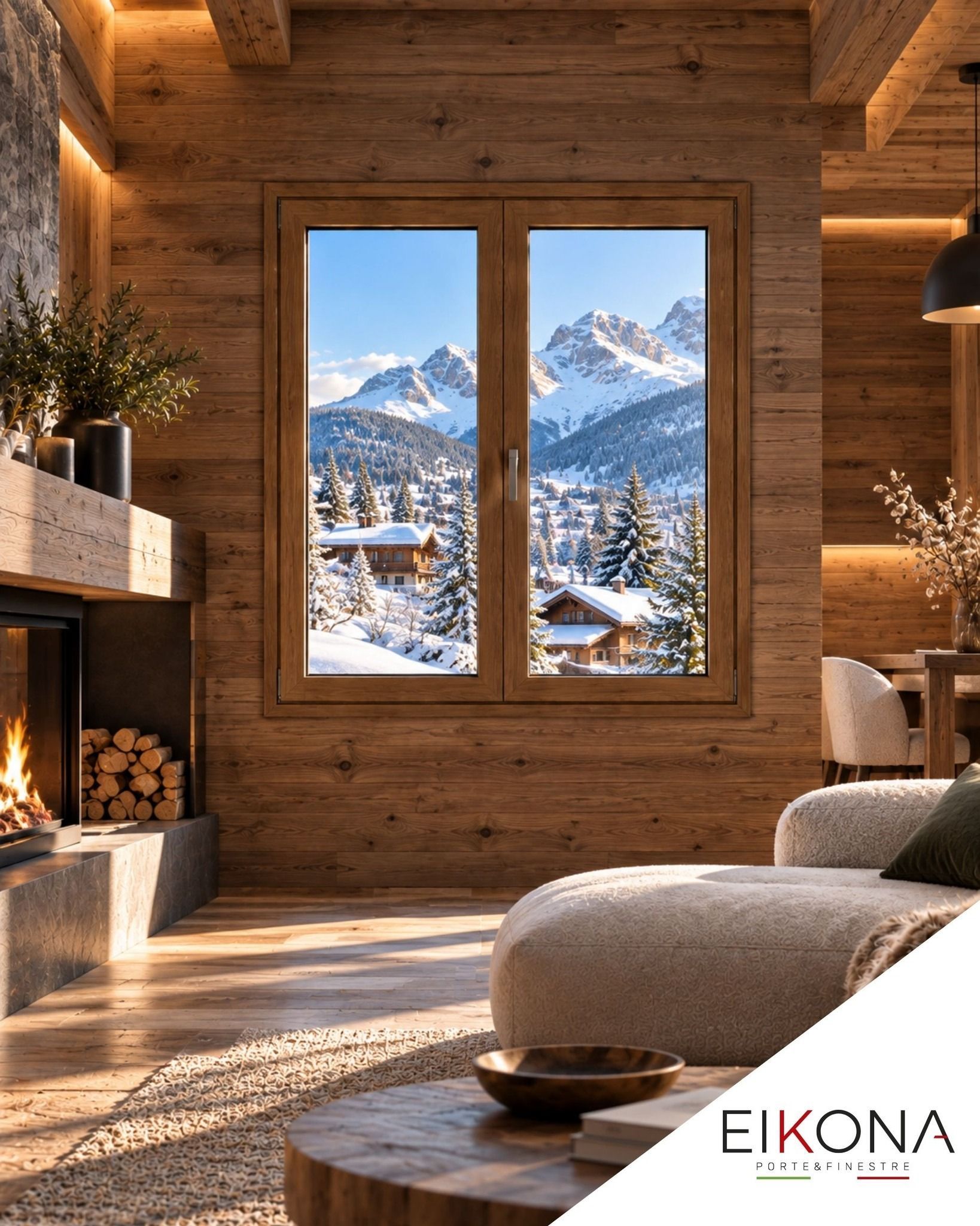 Accogliente interno di una baita in legno, con una grande finestra che incornicia montagne innevate e pini.