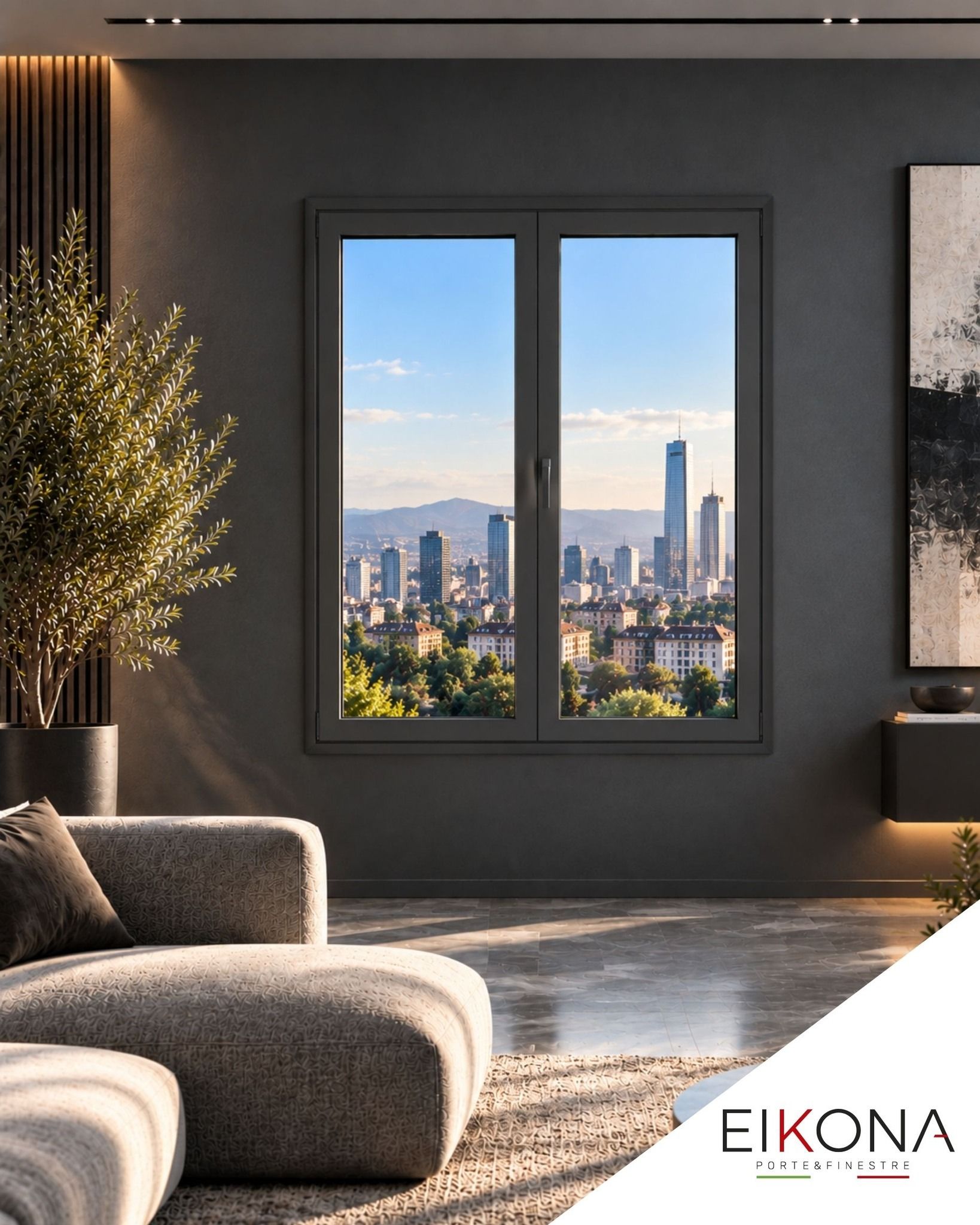 Soggiorno moderno con vista sullo skyline della città al tramonto