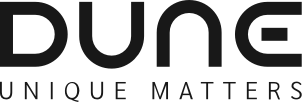 Logo DUNE con il payoff «UNIQUE MATTER» in nero su sfondo bianco