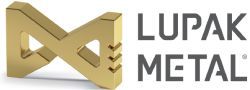 Logo di Lupak Metal con un emblema geometrico color oro metallizzato e testo grigio su sfondo bianco