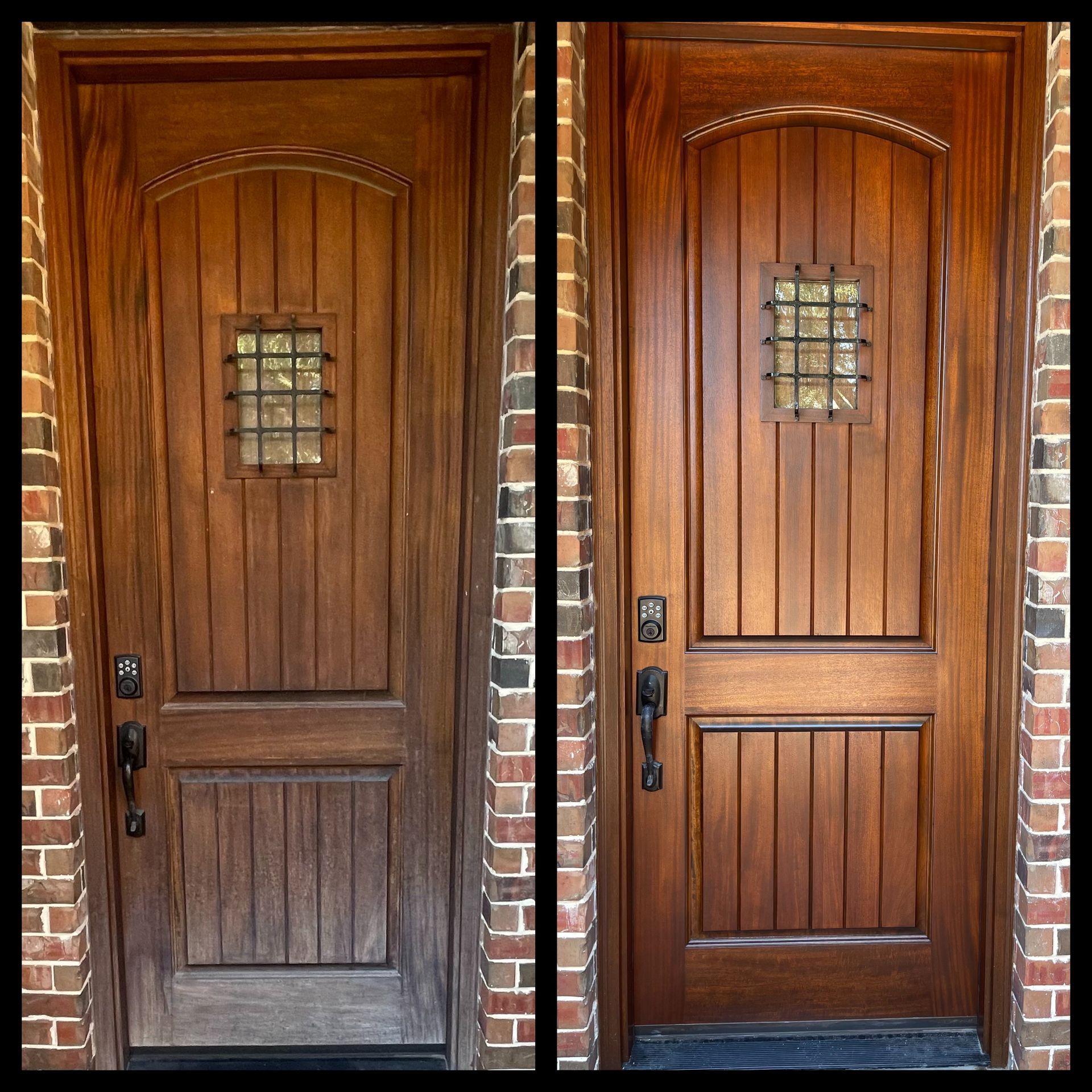 A before and after picture of a wooden door