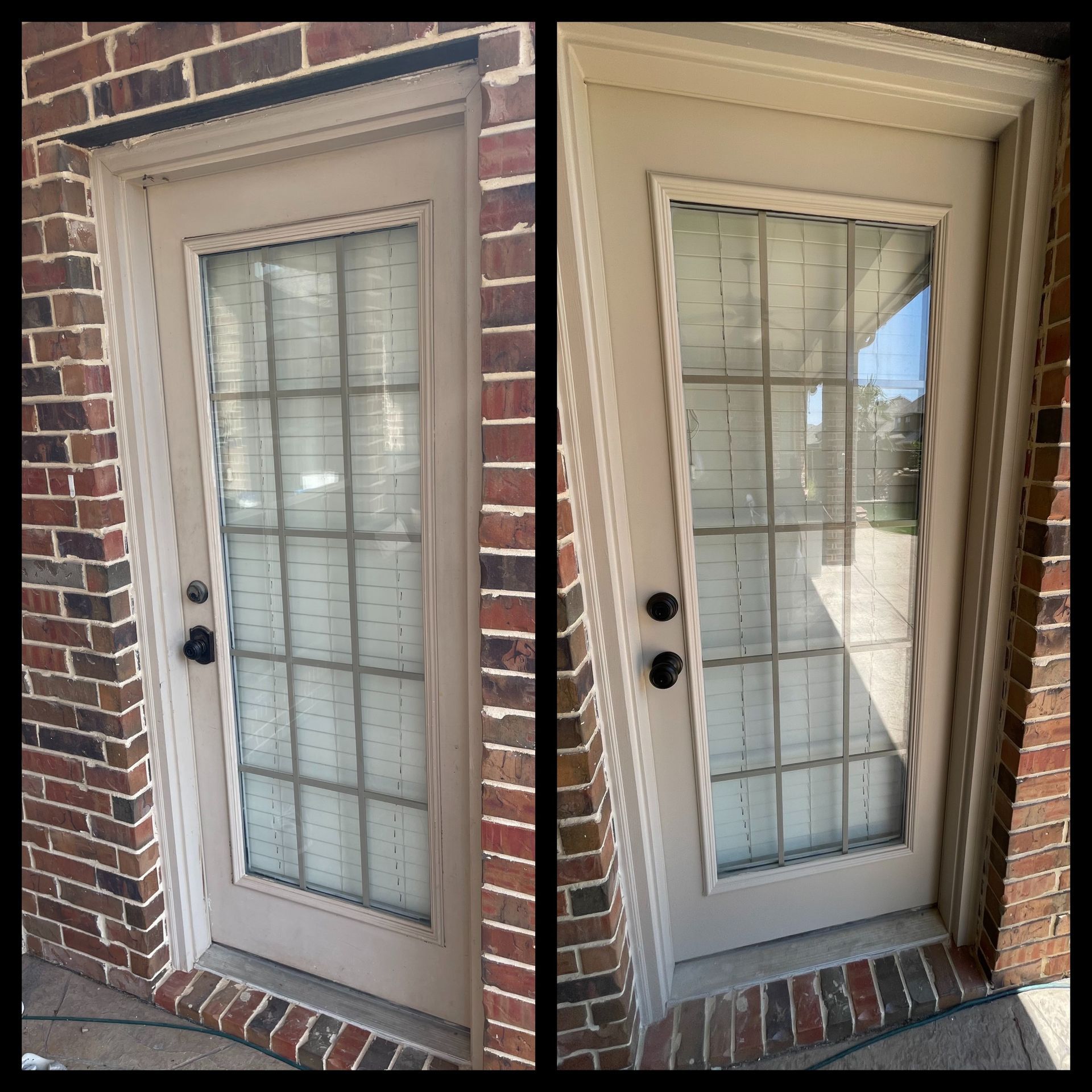 A before and after picture of a sliding glass door on a brick building.