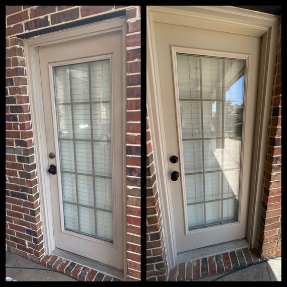 A before and after picture of a sliding glass door on a brick building.