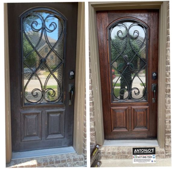 A before and after picture of a wooden door with a wrought iron window.