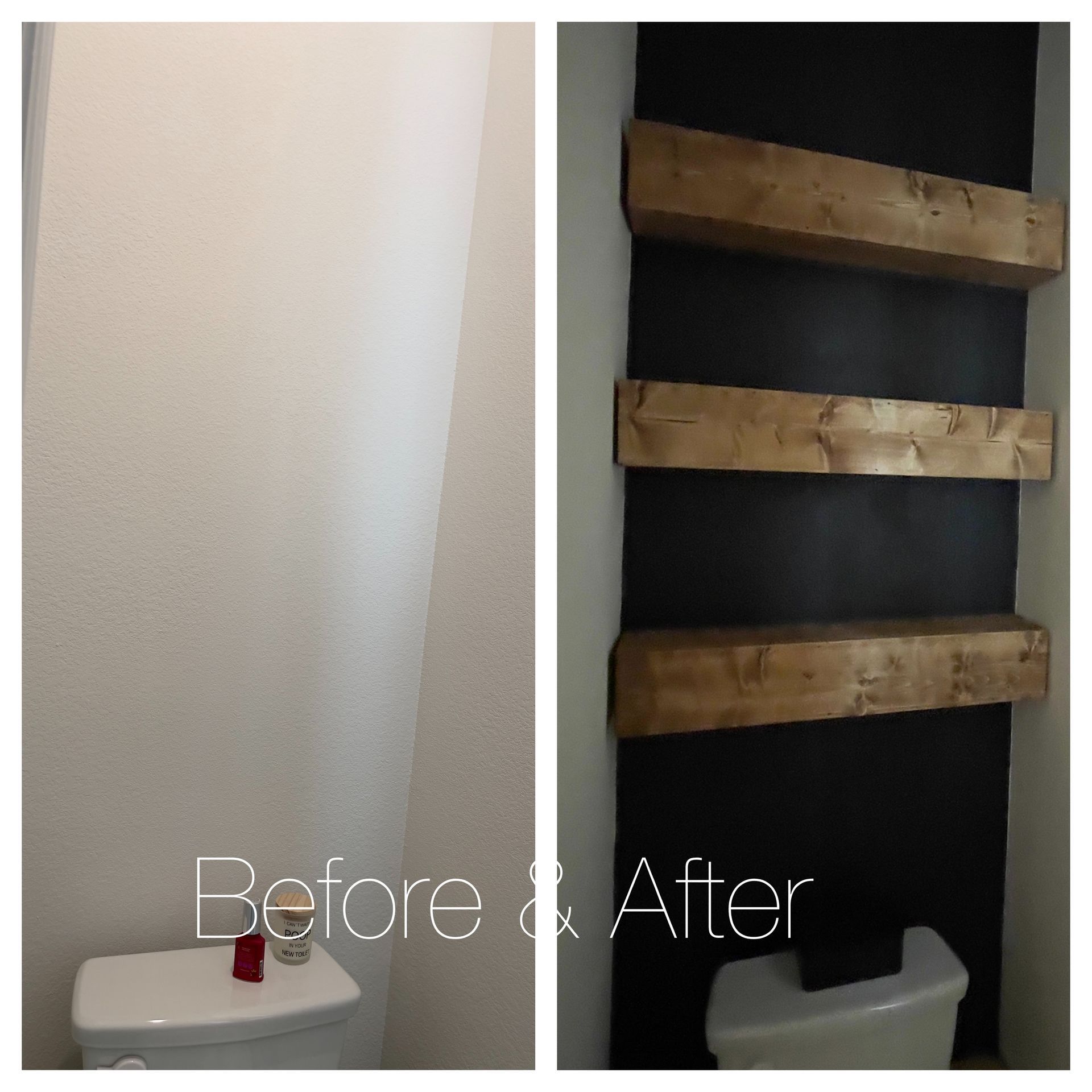 A before and after photo of a bathroom with wooden shelves
