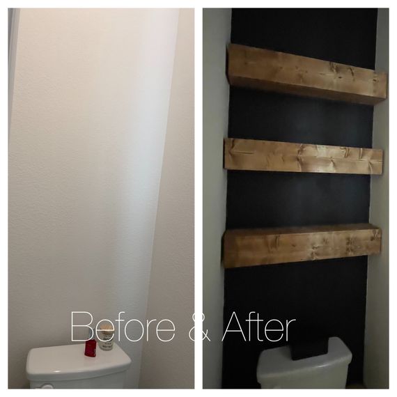 A before and after photo of a bathroom with wooden shelves