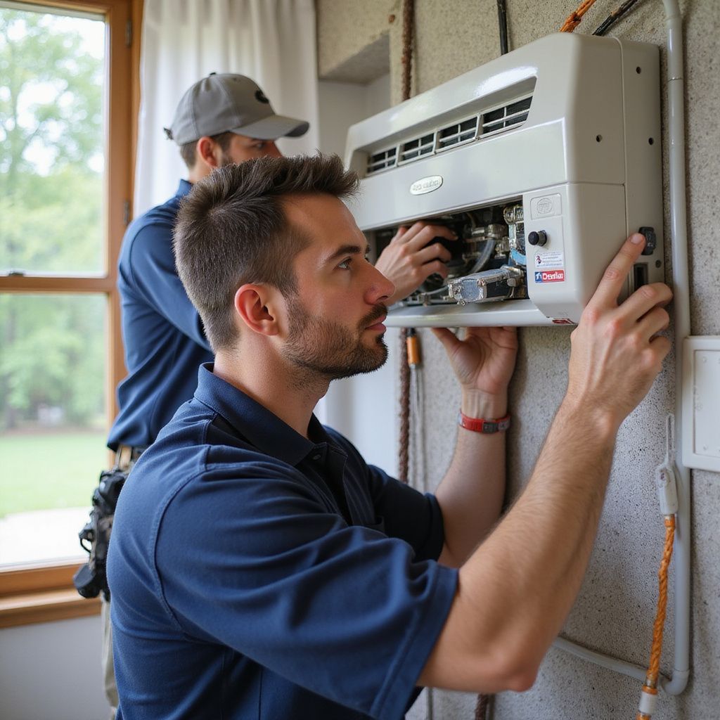 A technician repairs rooftop HVAC equipment