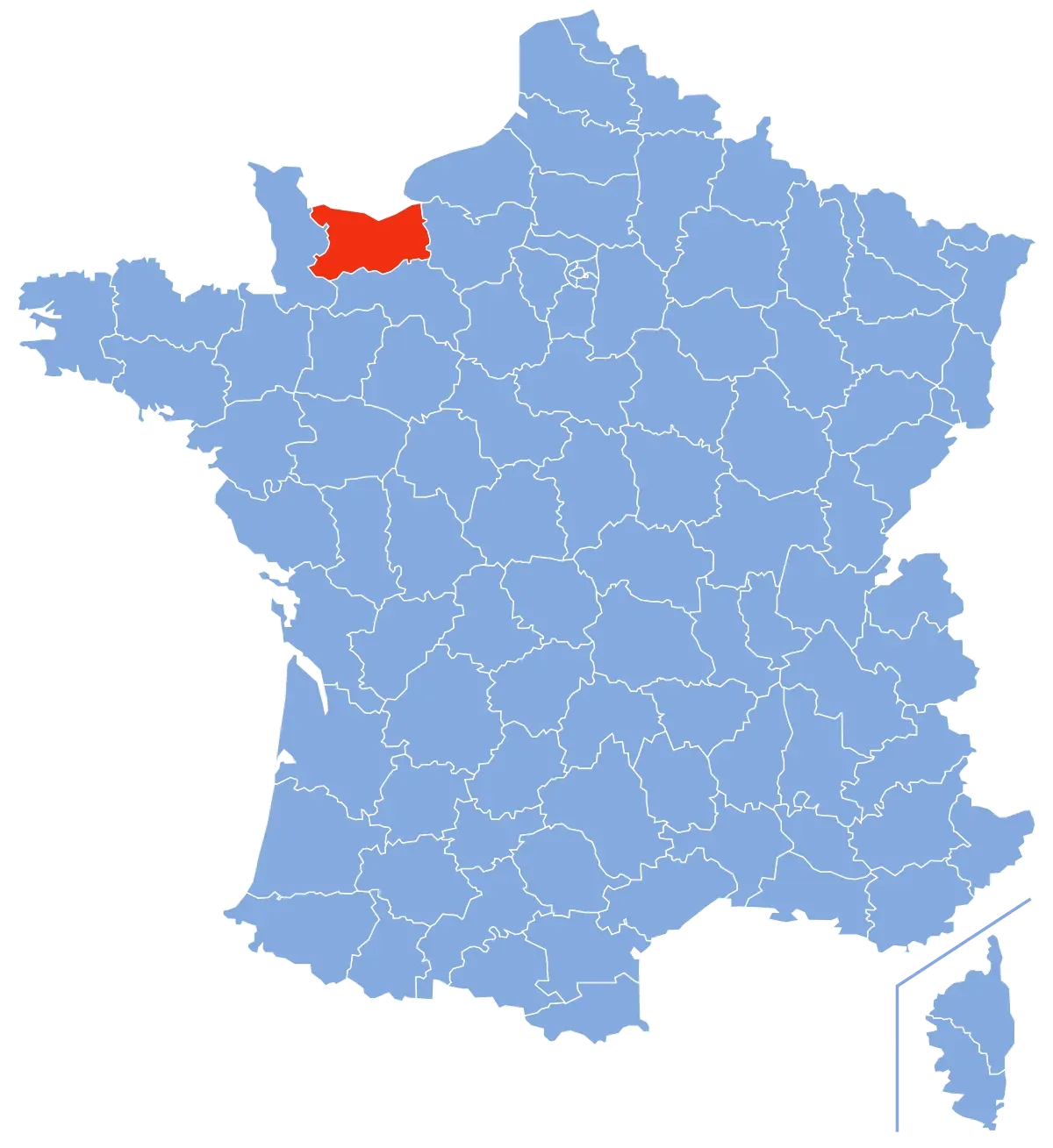 Une carte bleue de la France avec une zone rouge surlignée
