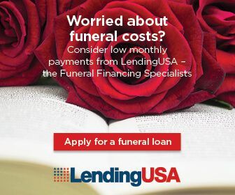 Red roses with text promoting low monthly funeral loan payments from LendingUSA