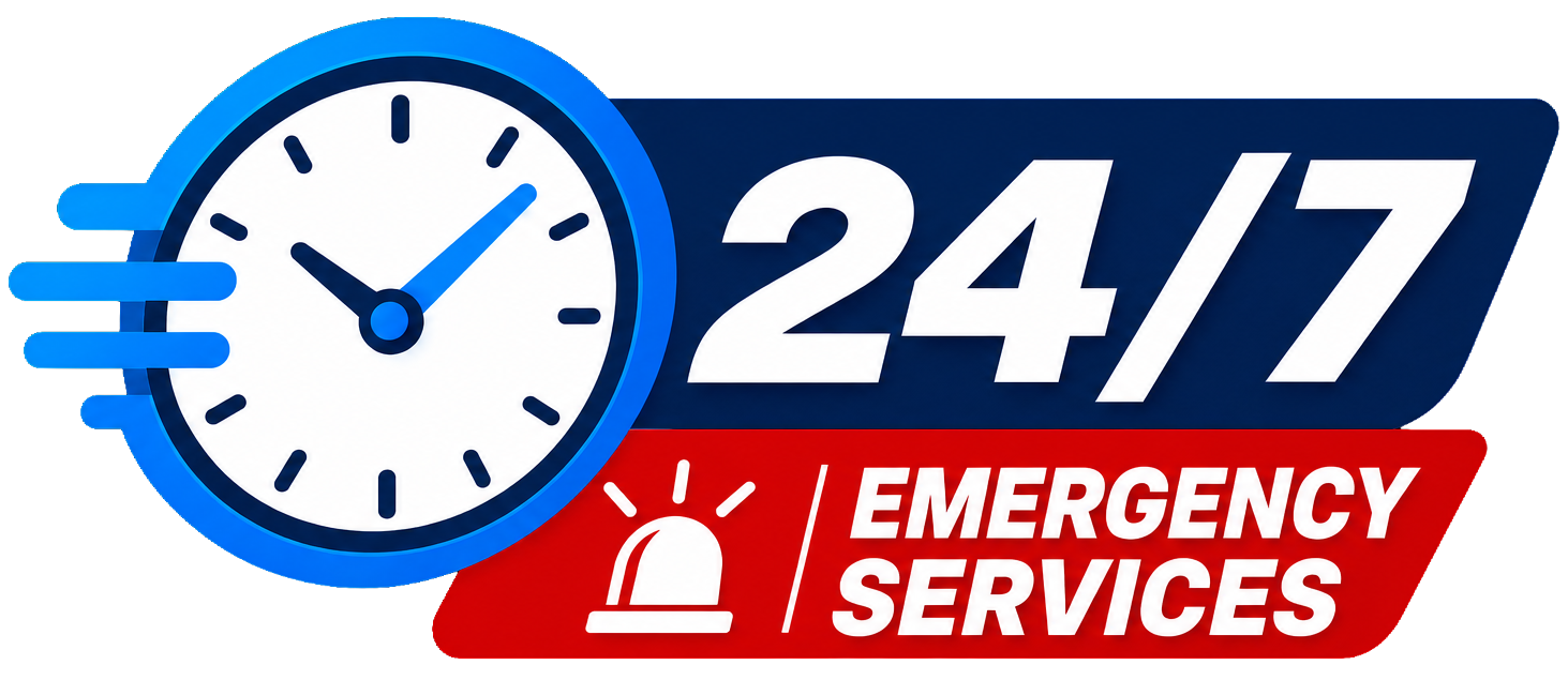 Red 24/7 emergency services logo with clock hands and bold text