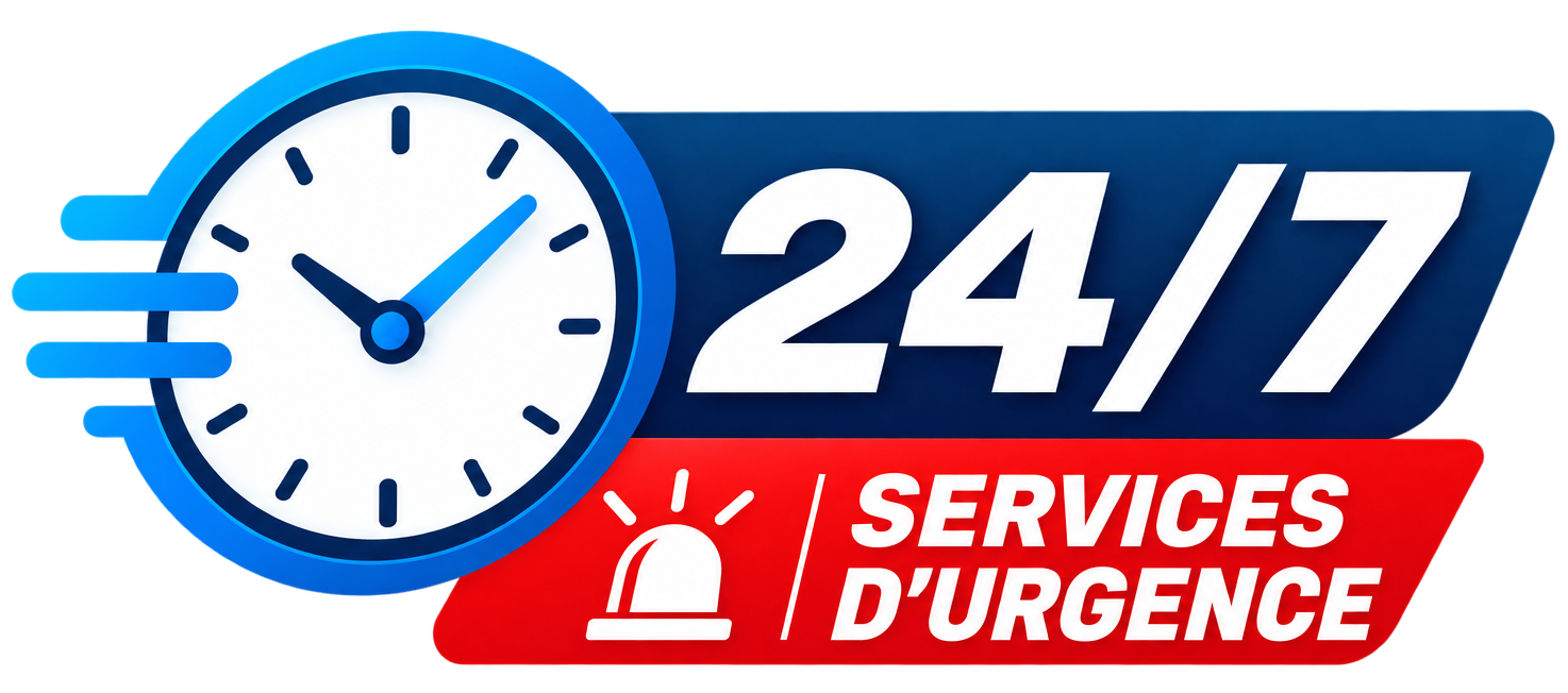 Horloge rouge avec la mention « SERVICES D'URGENCE 24/7 », indiquant la disponibilité des services d'urgence.