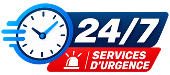 Horloge rouge avec la mention « SERVICES D'URGENCE 24/7 », indiquant la disponibilité des services d'urgence.