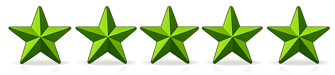 Five green stars in a horizontal row on a white background