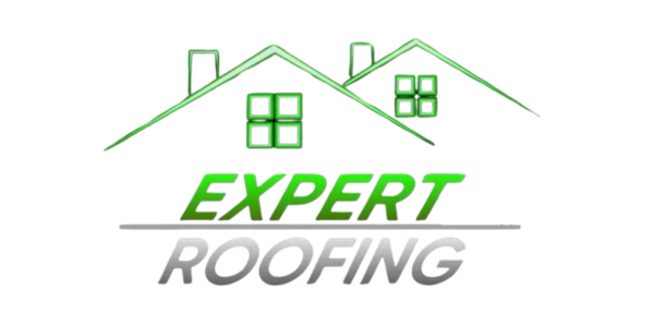 Logo: green house outline above "EXPERT ROOFING" in green and gray.