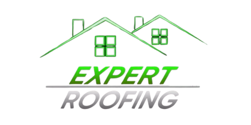 Logo: green house outline above "EXPERT ROOFING" in green and gray.
