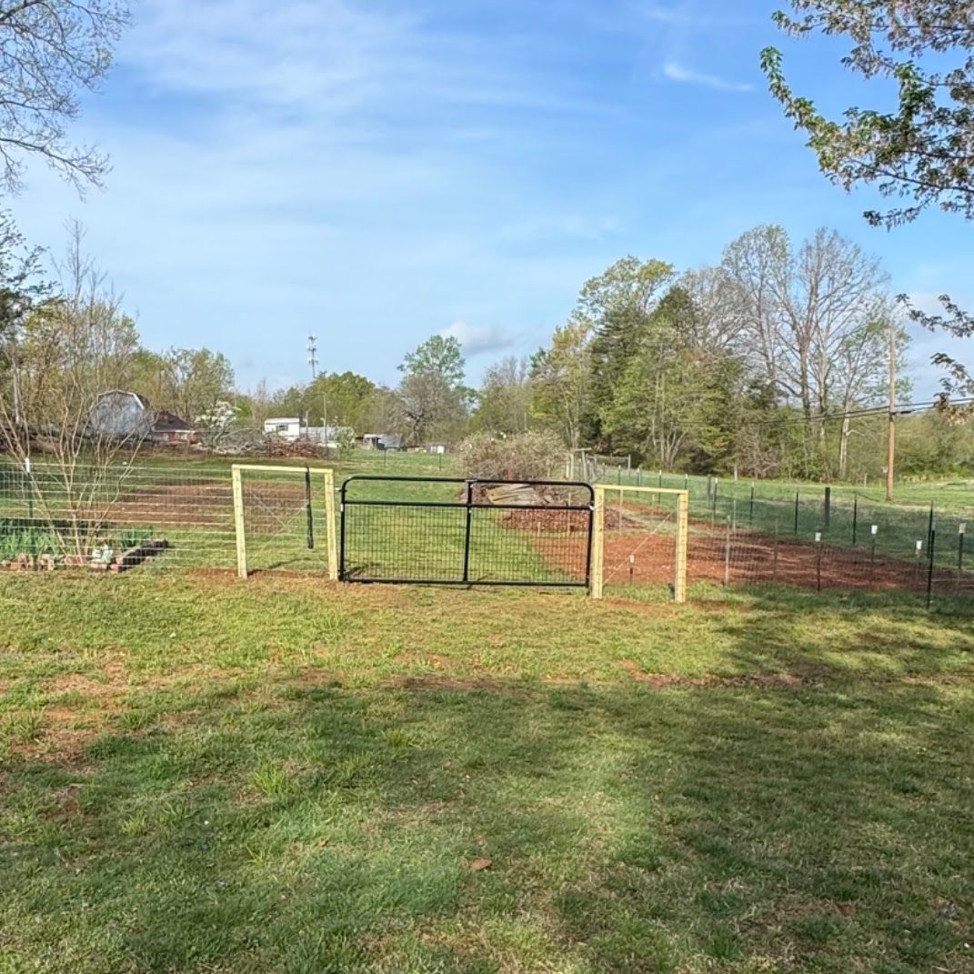 Grassy field with a green metal gate and fenced enclosure under a blue sky