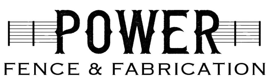 Black-and-white logo reading "POWER FENCE & FABRICATION" with fence graphic accents