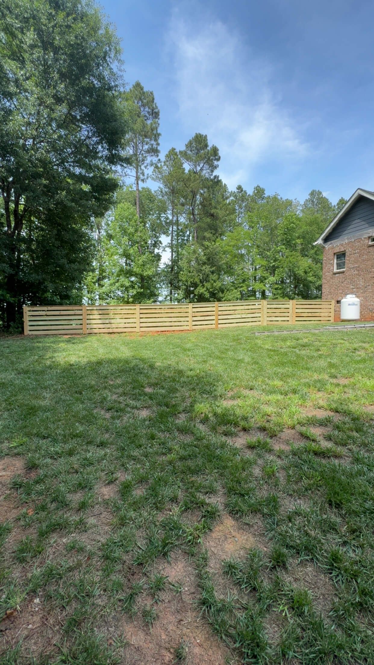Backyard with a wooden fence, grassy yard, tall trees, and part of a brick house under a blue sky