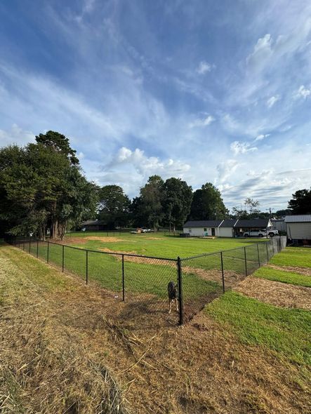 Grassy field with a fenced path, trees, and cloudy blue sky near houses.