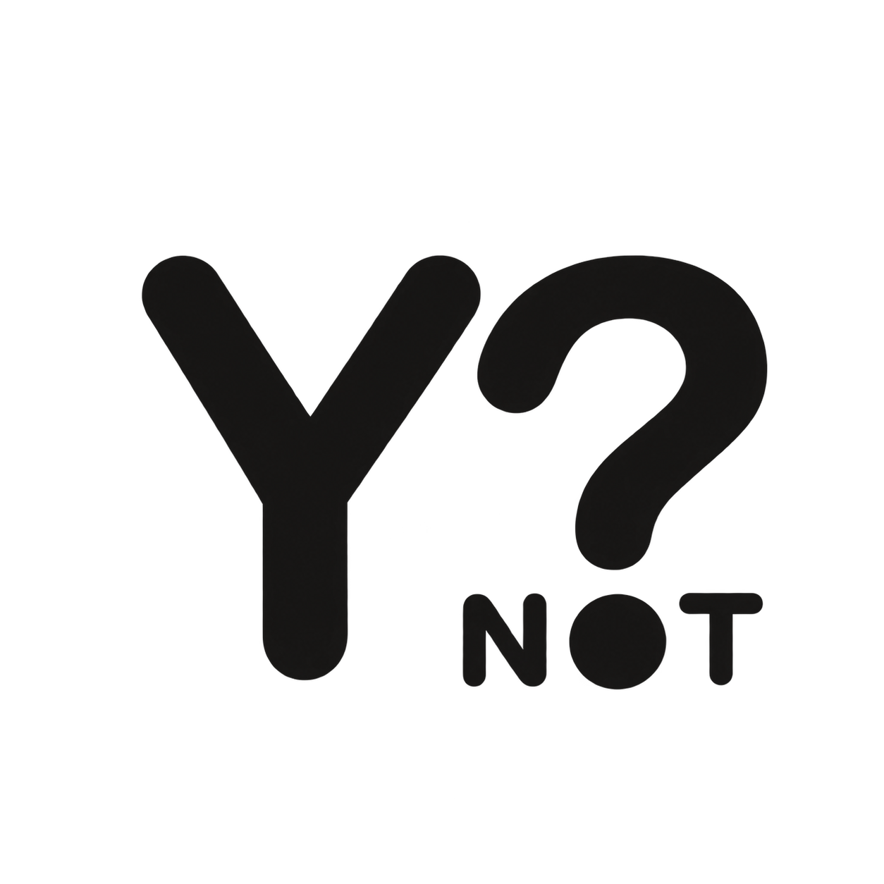 Logo nero con la scritta “Y? NOT”, un punto interrogativo stilizzato e caratteri in grassetto su sfondo bianco