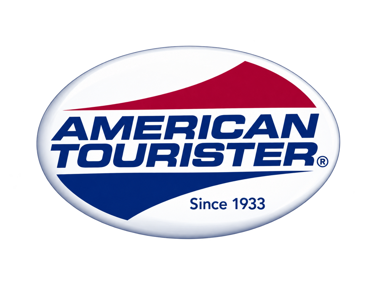 Logo di American Tourister in un ovale blu e rosso con la scritta «Since 1933»
