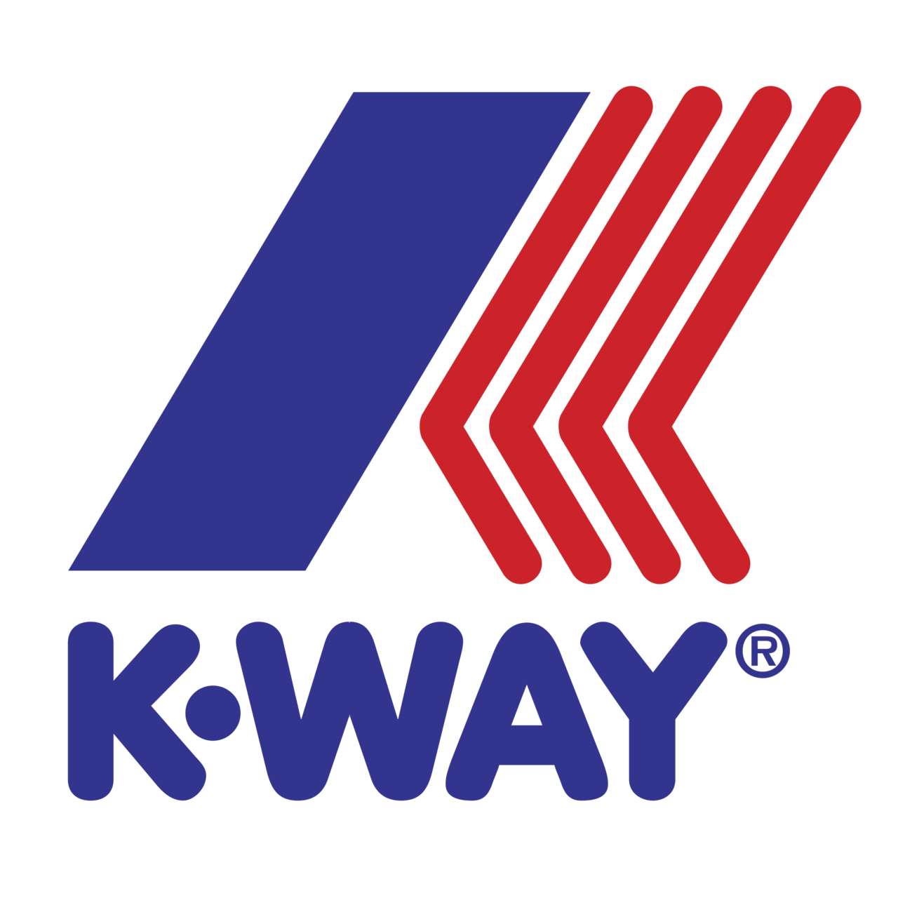 Logo K-Way con strisce stilizzate blu e rosse e la scritta K-WAY sotto
