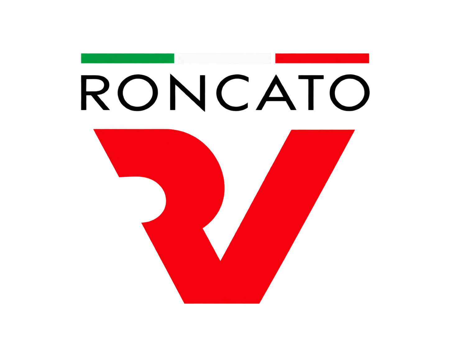 Logo Roncato in nero e rosso, con una linea verde sopra il testo