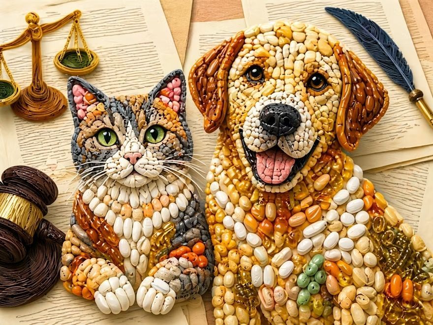 Cat and golden dog made of beans beside a feather and open book