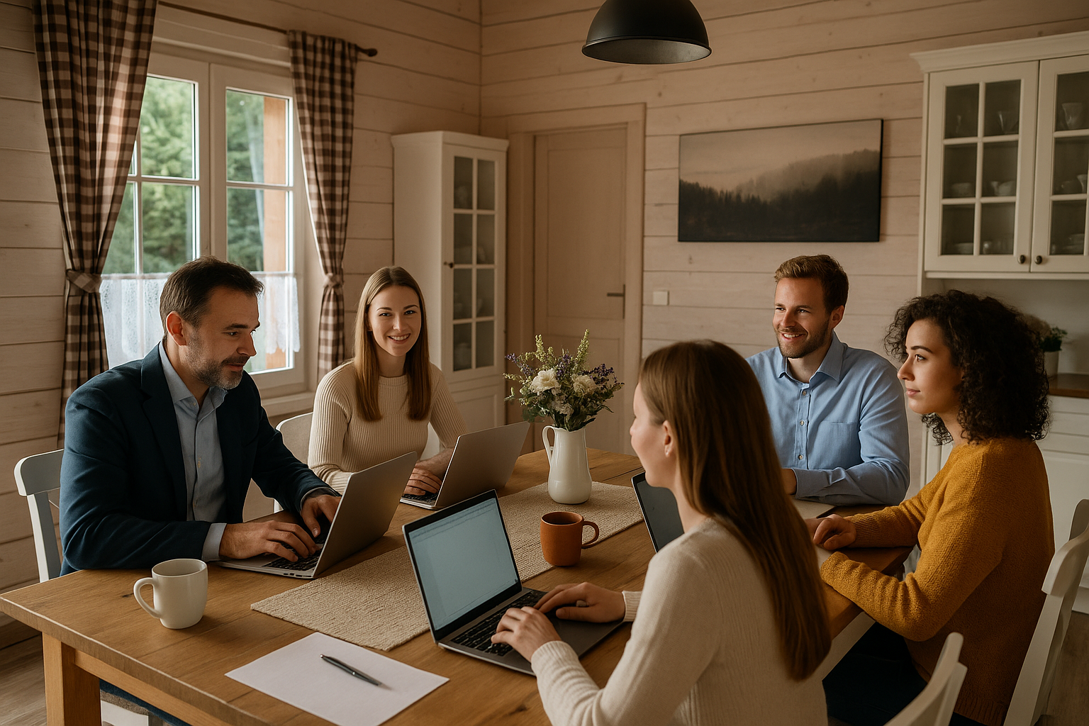 A group of people sitting around a table, working on laptops, in a bright room.