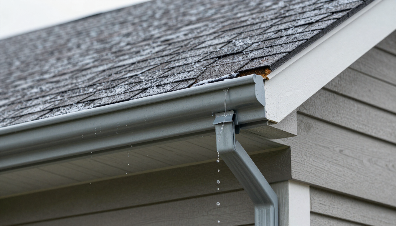 Rainwater dripping from a house roof gutter onto beige siding below
