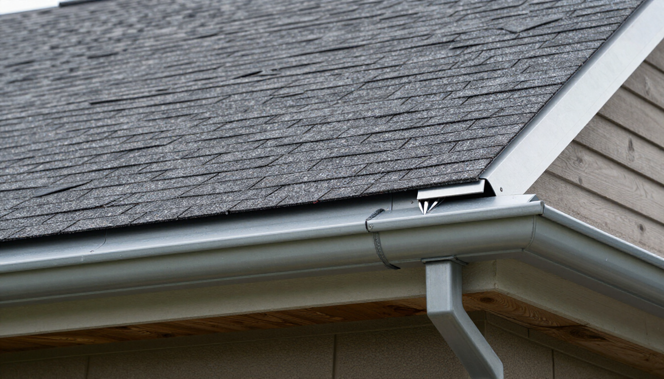 Roof eave with gray shingles, white gutter, and a small clip near the corner of a house
