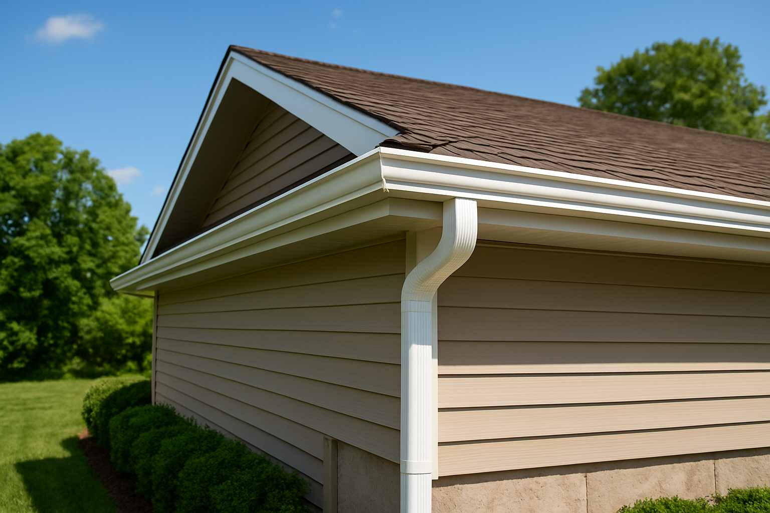 White gutter and downspout installed on the corner of a house with tan horizontal siding and a brown shingled roof.