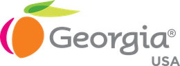 A graphic logo for Georgia, USA, featuring a stylized orange peach with a green leaf and pink accent next to the text.