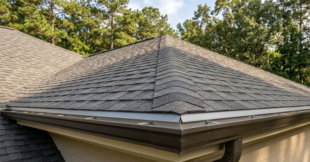 Gray shingle roof corner with white trim, viewed against trees and blue sky