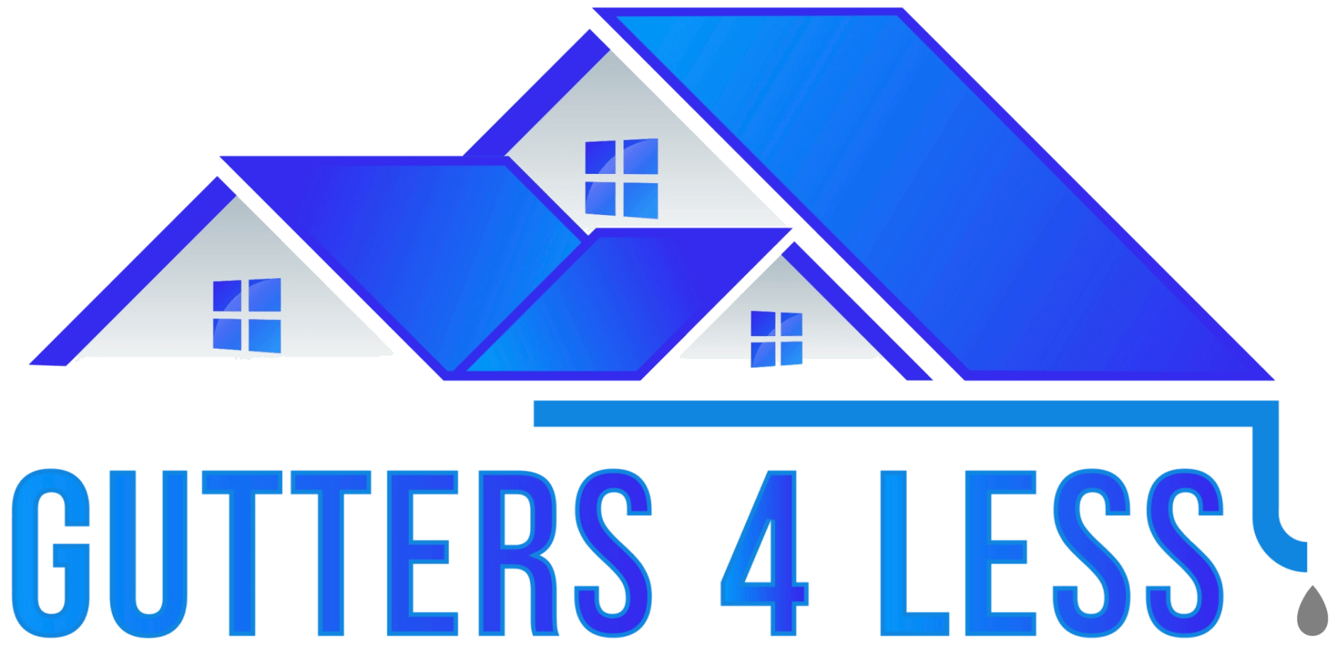 Logo for Gutters 4 Less featuring a blue house roof illustration and blue text with a dripping gutter icon.