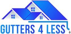 Logo for Gutters 4 Less featuring a blue house roof illustration and blue text with a dripping gutter icon.