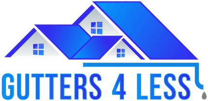 Logo for Gutters 4 Less featuring a blue house roof illustration and blue text with a dripping gutter icon.