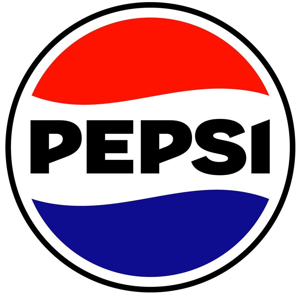 A circular Pepsi logo with a red top, white wave center, and blue bottom, featuring the word "PEPSI" in bold black text.