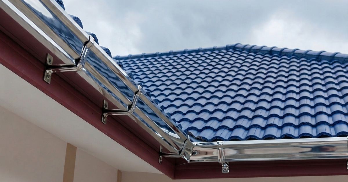 Metal gutter system installed along tiled residential roofline