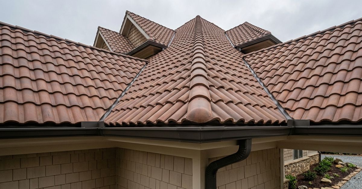 Tile roof with seamless gutter and downspout installation