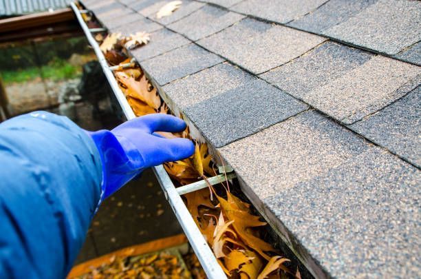 A person wearing a blue glove reaches into a gutter filled with dry autumn leaves to clear them out.