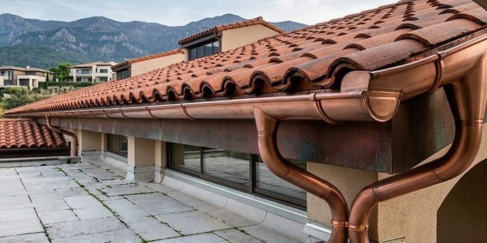 Copper rain gutters with natural green patina