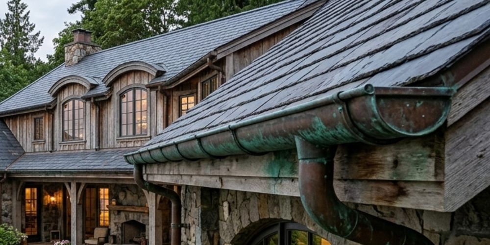 home featuring aged copper rain gutters with natural green patina