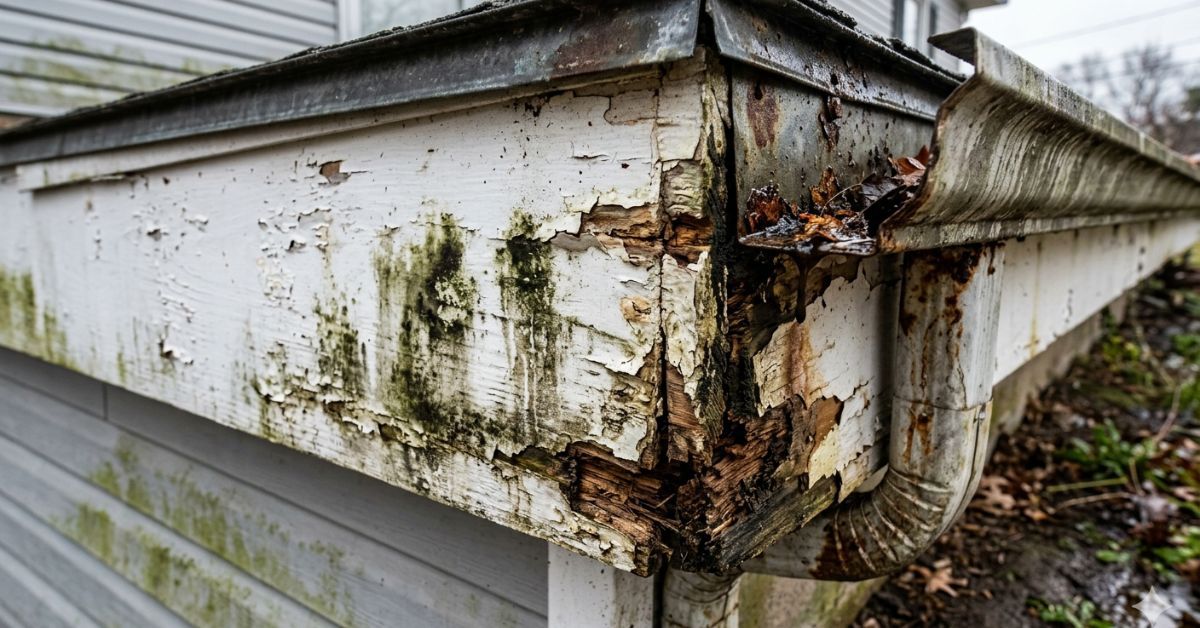 Fascia board damage caused by leaking gutters.